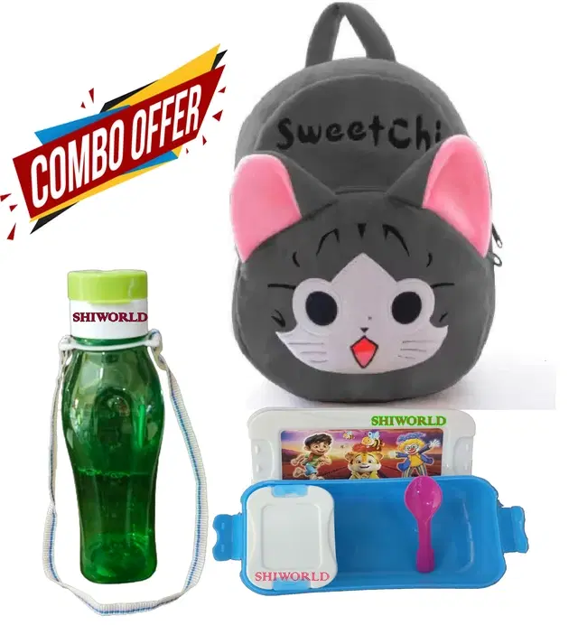 Combo of Fabric School Bag, Water Bottle with Lunch Box for Kids, Multicolor, Set of 3