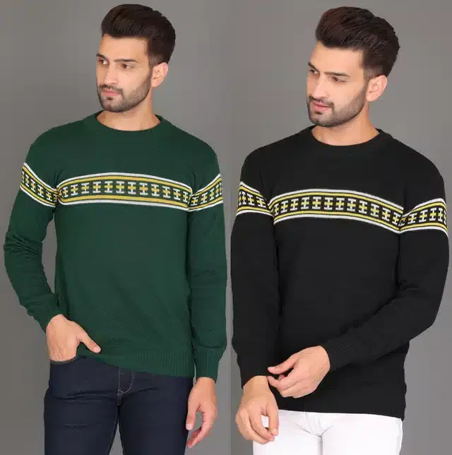 Cotton Jersey Printed Sweater for Men, Pack of 2 (Green & Black, M)