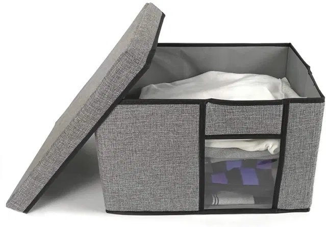 TerraHome x Double-R Fabric Storage Bins with Lid, 2 Handles and Clear Window, 16x12x10 inches (LxWxH) Washable Foldable Storage Basket Cube Box (Grey) - Storage