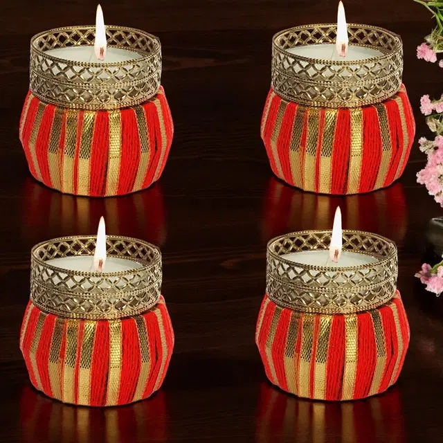 Metal Designer Tealight Candle Holder, Red, 4x4x5 cm, Pack of 4