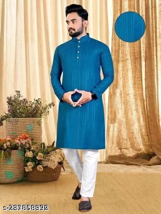 Striped Mandarin Neck Kurta for Men (Blue, S)