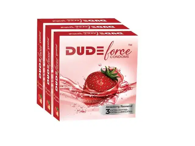Dude Force 3 Pcs Strawberry Flavoured Condoms for Men, Set of 3