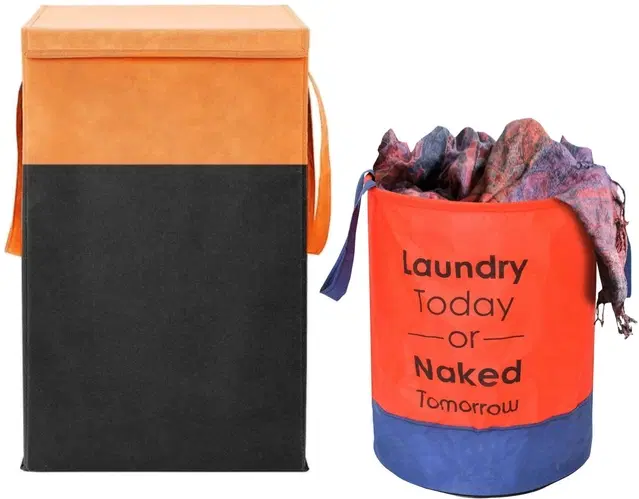 Canvas Laundry Basket,Orange & Red,  (Pack Of 2)