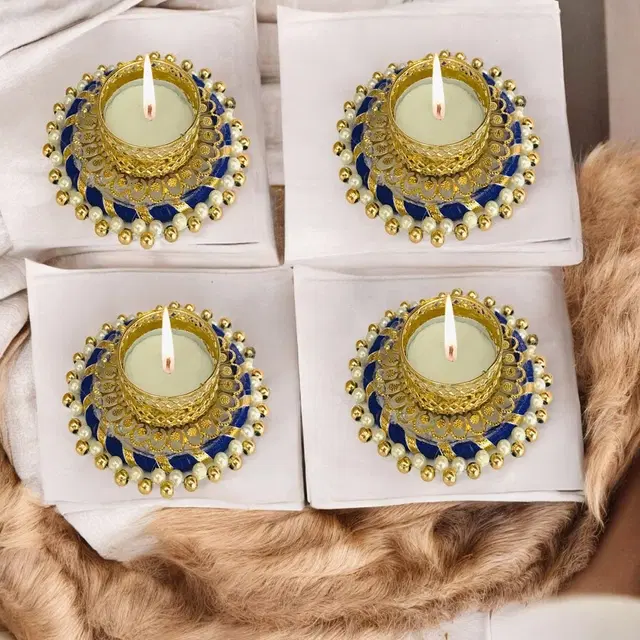 Metal Designer Tealight Candle Holder, Blue, 9x8x1.8 cm, Pack of 4