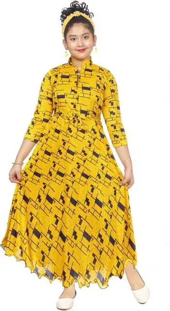 B B Enterprise Girls Full Sleeves Party Wear Gown (Yellow, 3-4 Years) (BBE-111)