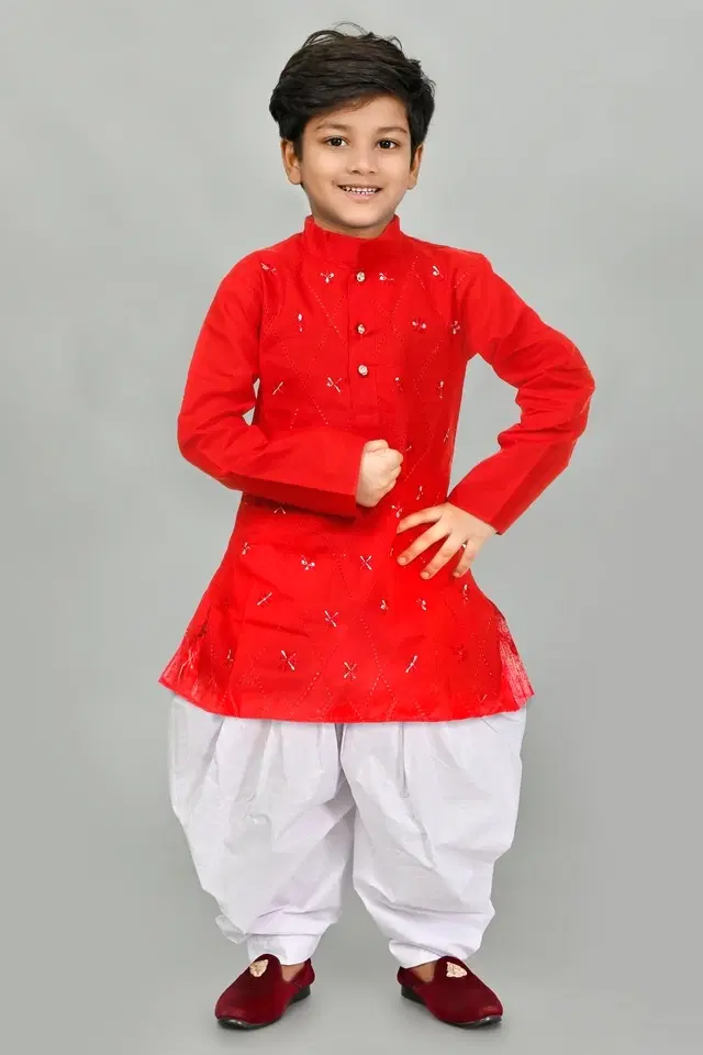 Cotton Blend Embroidery Kurta with Dhoti for Boys, Red & White (2-3 Years)