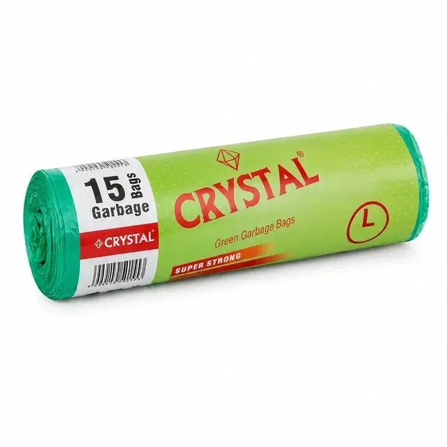 Crystal Garbage Bags, Green, Large [24 x 32 Inches], [15 Pcs x 1 Roll]