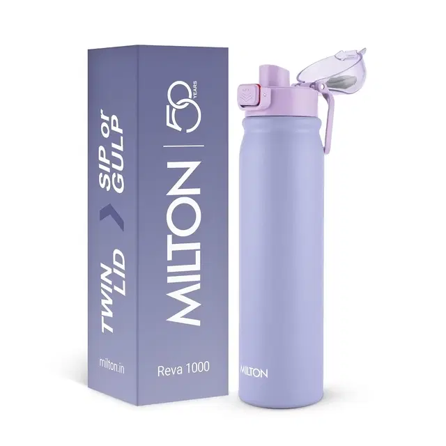 Milton Reva 1000 Steel Water Bottle with Twin Lid Sip or Gulp, 1 Litre Teal Blue 1000 ml Stainless Steel Bottle (Pack of 1, ) Purple