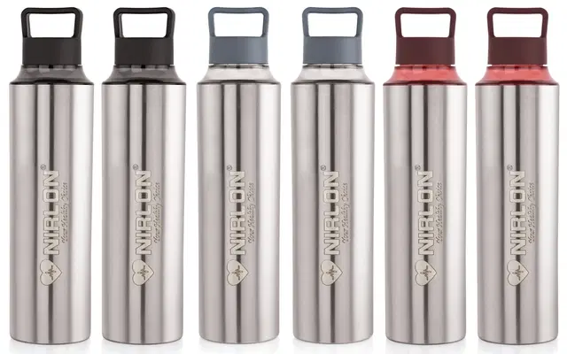 Nirlon Eco Pur Single Wall Stainless Steel Water Bottle, Water Bottles For Fridge Pack Of 6 |Leak Proof|Office|Gym Bottle|Home|Kitchen|Treking Bottle|Travel Bottle [Grey, Brown & Black Color|900Ml]