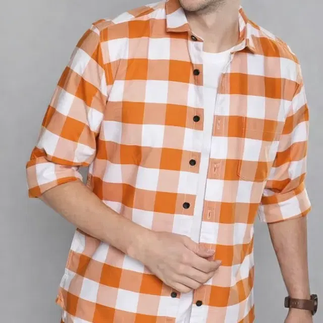 Checkered Casual Polycotton Shirt for Mens ,Orange & White (M)