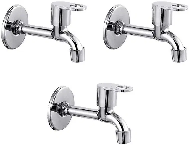 Stainless Steel Long Body Bib Cock Tap with Wall Flange, Silver, Set of 3