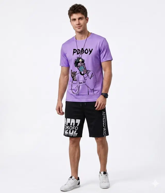 T Shirt and Shorts Set for Men, Pack of 2 (Lavender, M)
