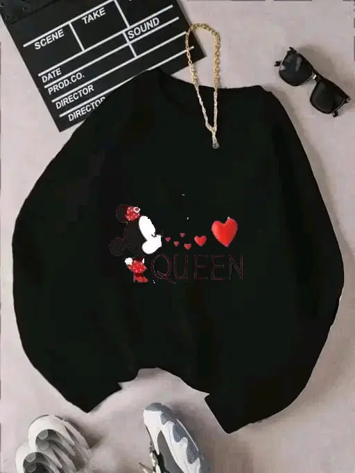 Fleece Printed Full Sleeves Sweatshirt for Women & Girls (Black, S)