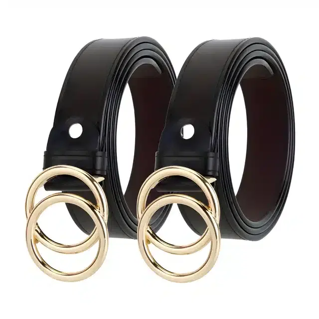 Faux Leather Belt for Women, Pack of 2 (Gold & Black, 30)