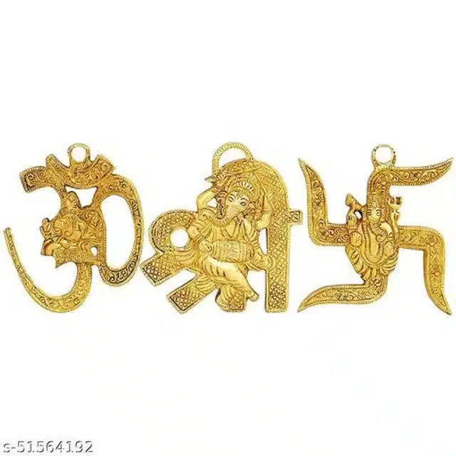 Om Ganesha, Shree Ganesha & Swastik Ganesha Wall Hanging, Gold, Pack of 3