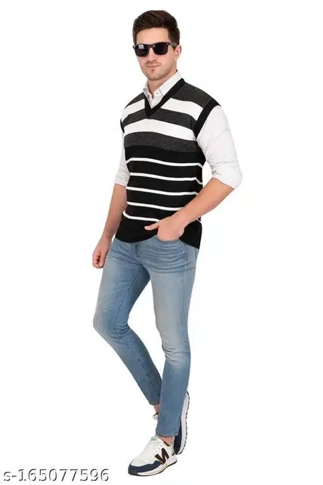 Acrylic Sleeveless Sweater for Men (Black & White, L)