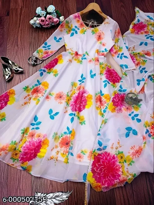 Georgette Printed Gown with Dupatta for Girls (Multicolor, M)