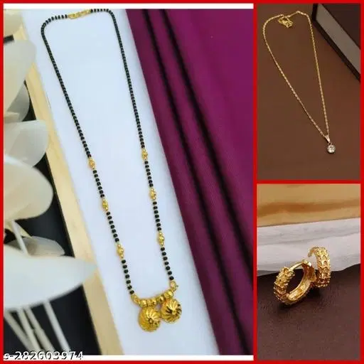 Alloy Mangalsutra with Pendant & 1 Pair Earrings for Women, Set of 3 (Multicolor)