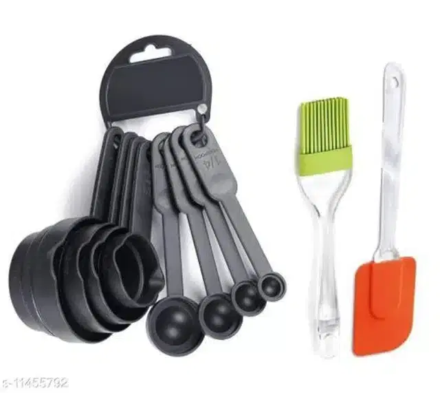 Plastic 8 Pcs Measuring Cups & Spoons with Spatula & Oil Brush, Multicolor, Set of 3