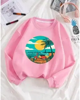 Round Neck Printed Sweatshirt for Women (Pink, S)