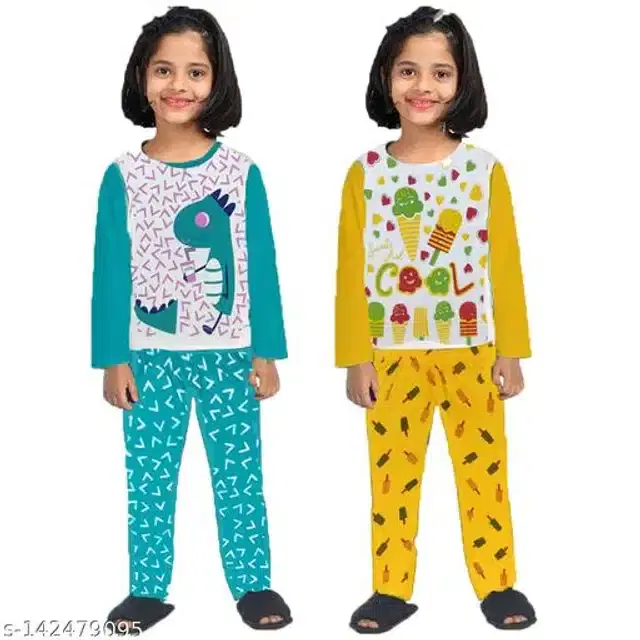 Cotton Nightsuit Set for Girls, Set of 2 (Multicolor, 9-12 Months)