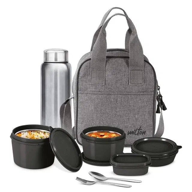 Milton Savor Lunch Box (3 Inner Stainless Steel Containers, 180ml, 320ml, 450ml, Steel Bottle 750ml, 100ml Chutney Dabba, Spoon & Fork) with Unisex Bag, Microwaveable & Leak-Proof Tiffin, Black