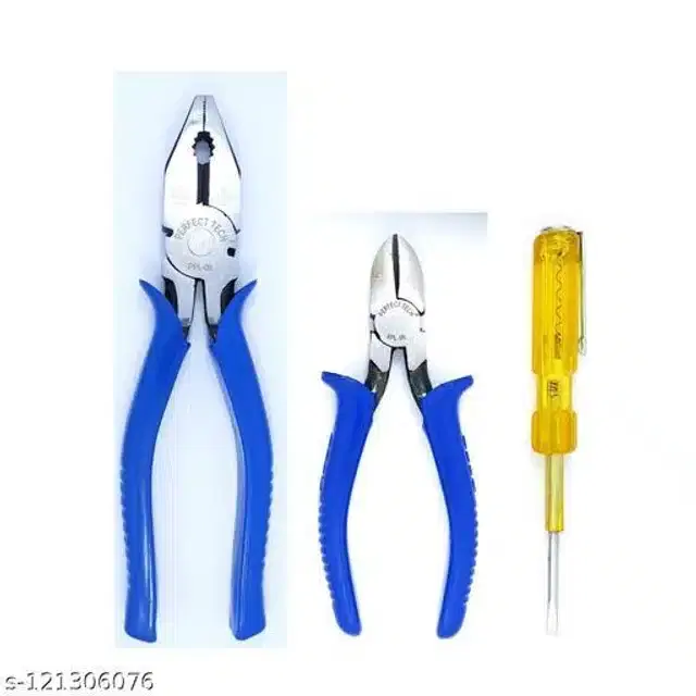 Combination & Side Cutting Plier with Analog Line Tester, Set of 3, Blue & Yellow