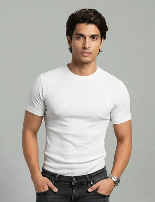 Polyester Round Neck T-shirt for Men, White (XL)