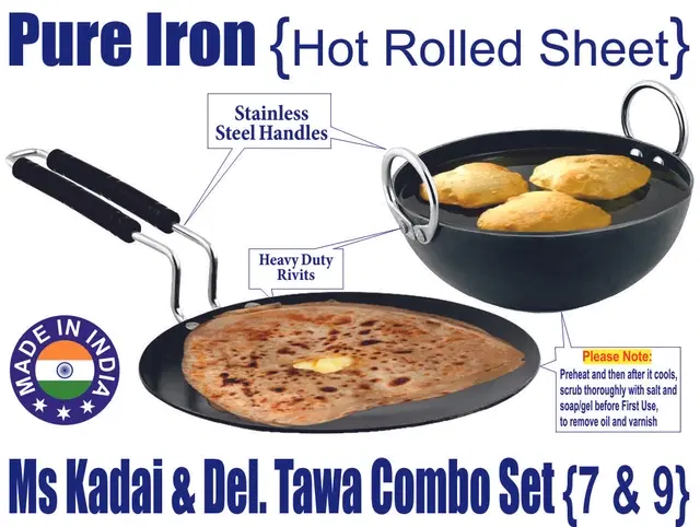 Iron Non Coated Kadai, 0.75 L with Tawa, Black, Set of 2