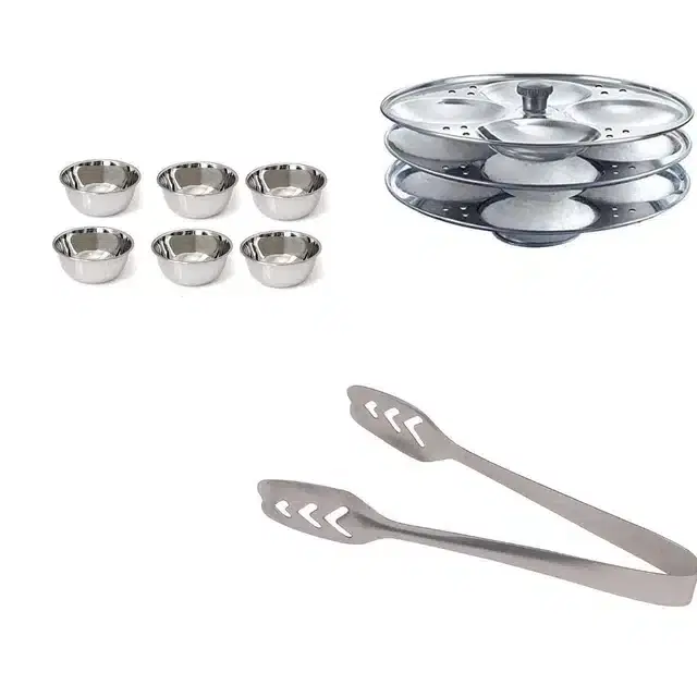 Stainless Steel 6 Chatni Katori, Momo Pakad & Idli Making Stand of 3 Plates, Combo of 3