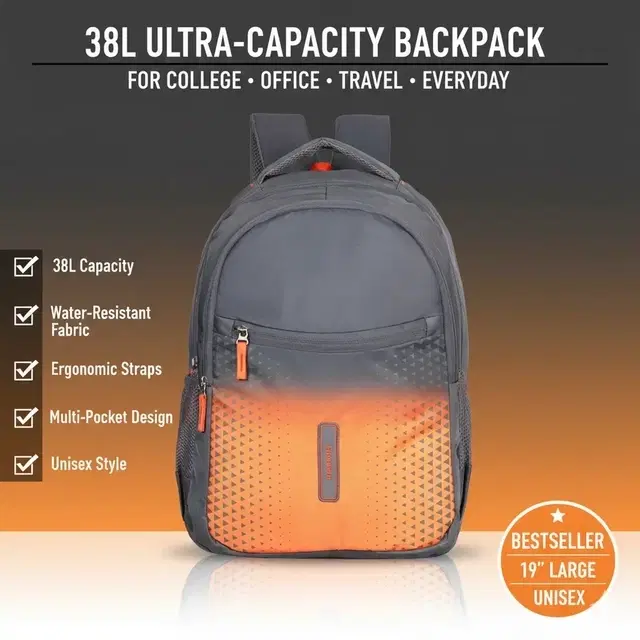 Priority 38 L Printed College Backpack For Boys & Girls | Casual Bag For Unisex | Office Backpack For Men & Women, 19 Inch | Large | Dark Grey/Orange - INV23116