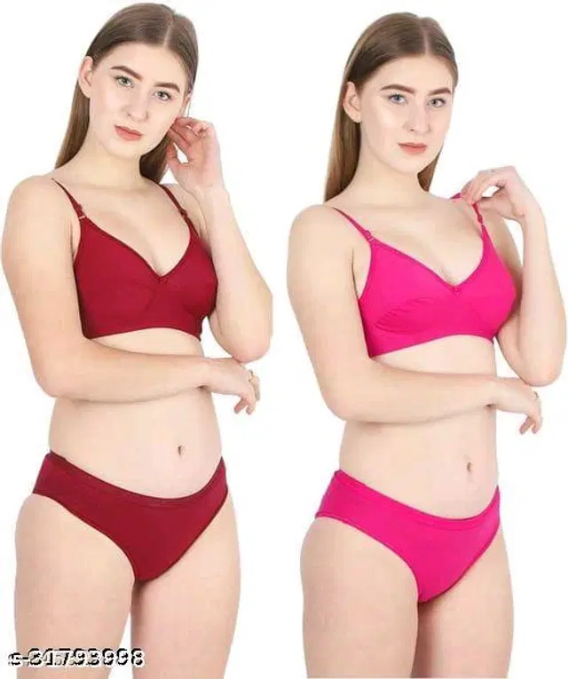 Cotton Blend Solid Lingerie Set for Women, Pack of 2 (Multicolor, 30A)