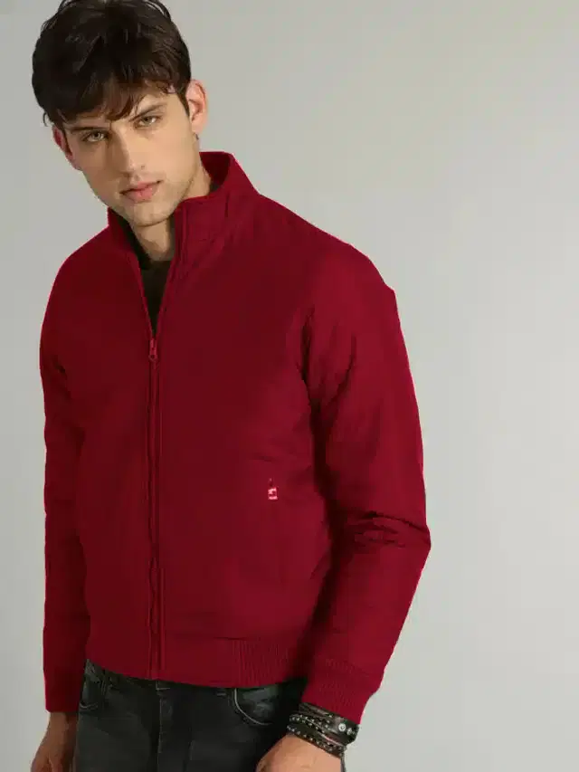Polyester Solid Bomber Jacket for Men (Maroon, M)