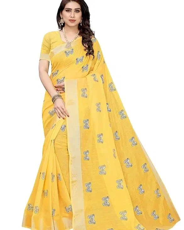 Chanderi Cotton Printed Saree for Women, Yellow (6.3 m)