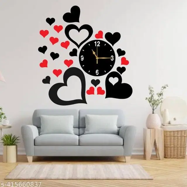 Wooden Wall Clock for Home, Black & Red