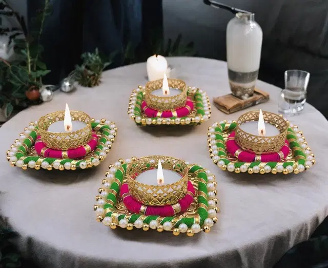 Metal Designer Tealight Candle Holder, Multicolor, 8x8x2.5 cm, Pack of 4