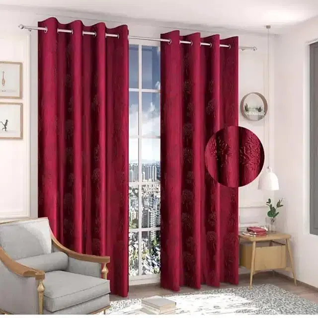 Emboss Door & Window Curtains, Pack of 2, Maroon, 5 feet