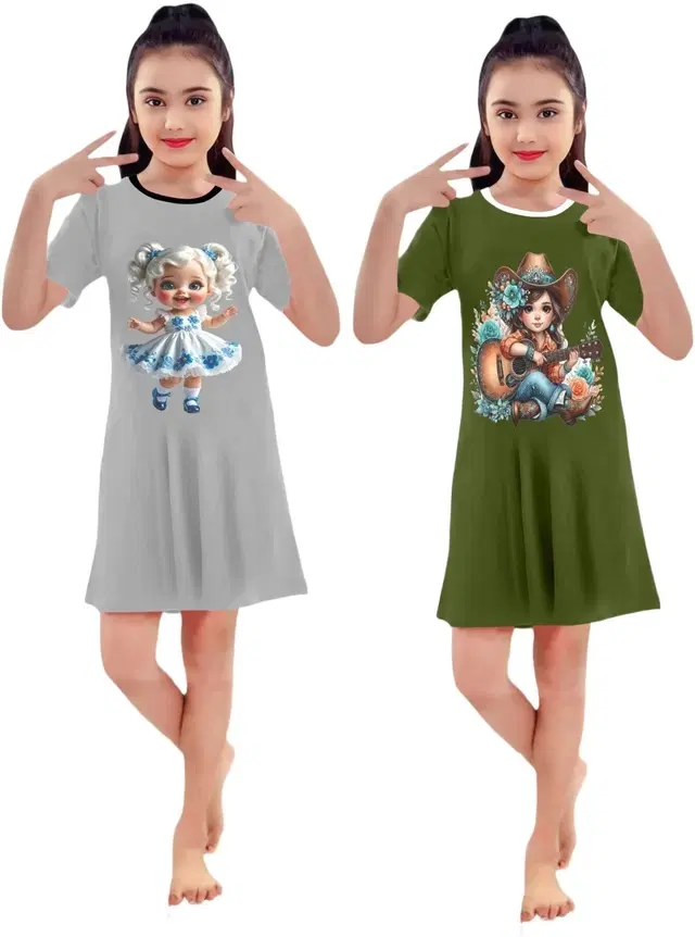 Graphic Print Cotton Blend Shift Dress for Girls, Pack of 2 (Mrn & Olv, 5-6 Y)