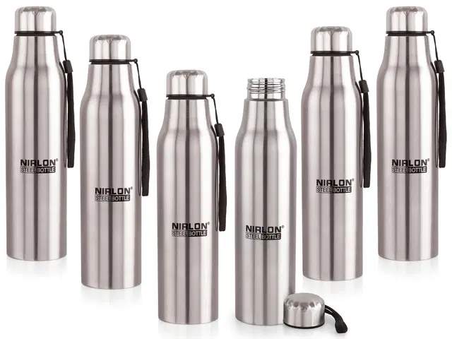 Nirlon Neo Single Wall Stainless Steel Water Bottle 950Ml |100% Leak Proof | Fridge Water Bottle| Office Bottle | Gym Bottle | Home | Kitchen | Hiking | Treking Bottle |Travel Bottle (Silver|Set Of 6)