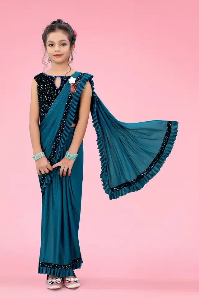 Ready to Wear Saree with Unstitched Blouse for Kids (Teal Blue, 4-5 Years)