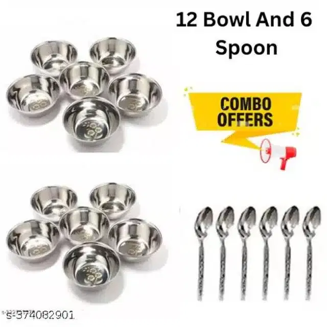 Stainless Steel 12 Pcs Bowls with 6 Pcs Spoon, Silver, Set of 2