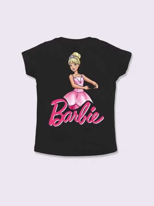Cotton Barbie Printed Top for Girls, Black (4-5 Years)