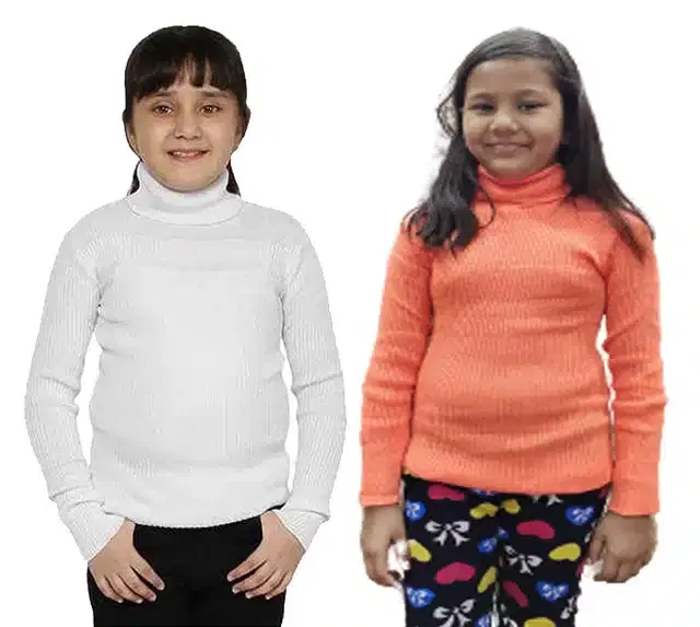 Full Sleeves Solid Sweater for Girls, Pack of 2 (White & Orange, 0-3 Months)