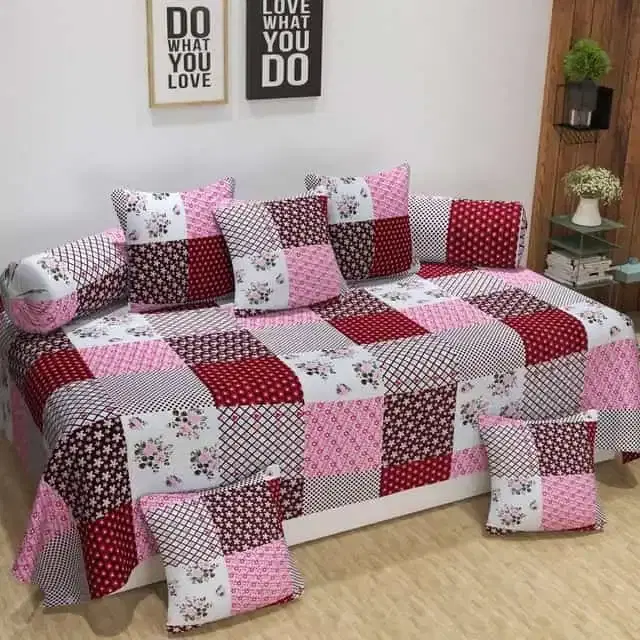 Adirav Polycotton Feel Single Bed Sheet, 2 Bolster covers & 5 Cushion Covers, Pink, ADRV-DW-69