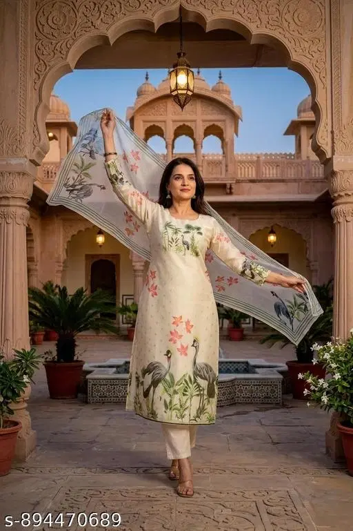 Chanderi Cotton Kurta Set for Women (Cream, S)