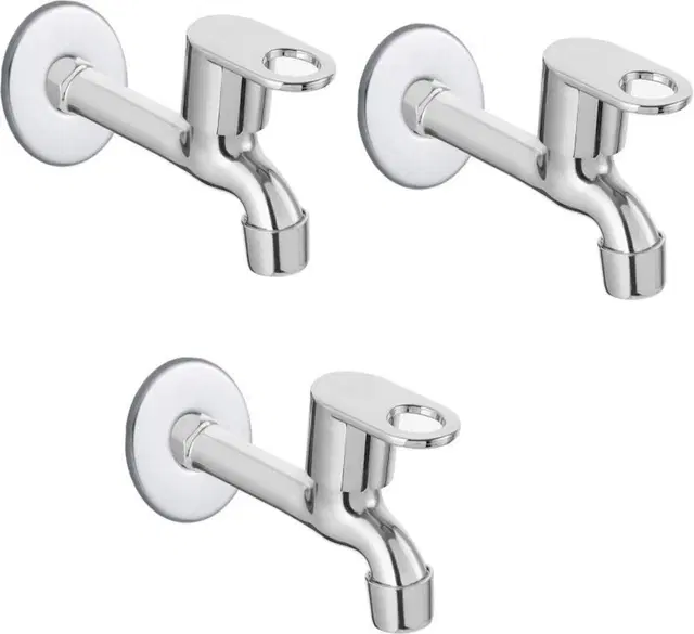 Stainless Steel Long Body Bib Cock Tap with Wall Flange, Silver, Set of 3
