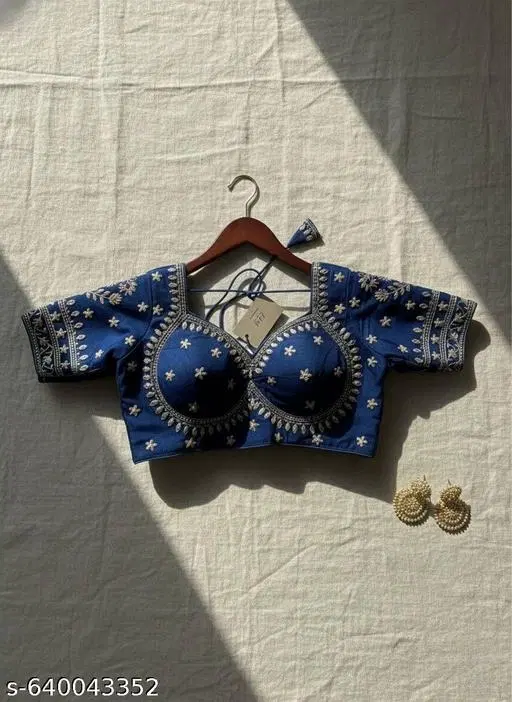 Silk Embroidered Blouse for Women, Teal (Free Size)