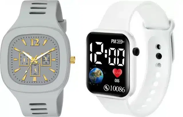 Analog with Smartwatch Combo for Men, Pack of 2 (Grey & White)