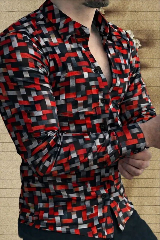 Lycra Geometric Print Shirt for Men, Red (S)