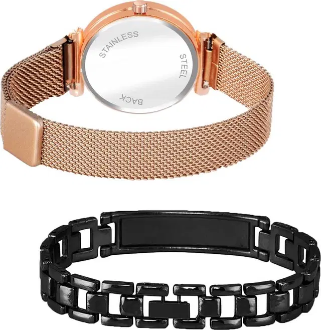 Metal Strap Analog Watch with Bracelet for Women & Girls, Set of 2 (Multicolor)